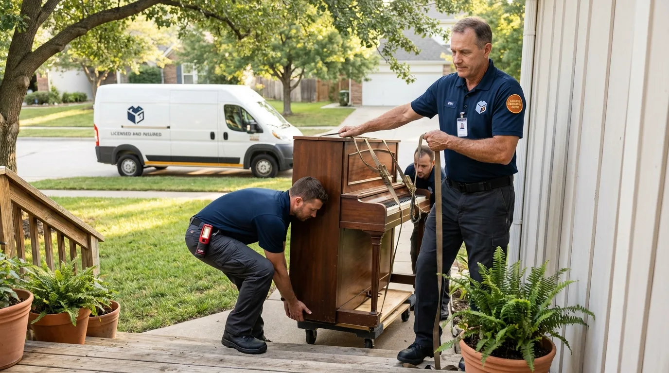Licensed piano movers securing grand piano in Cape Charles, VA