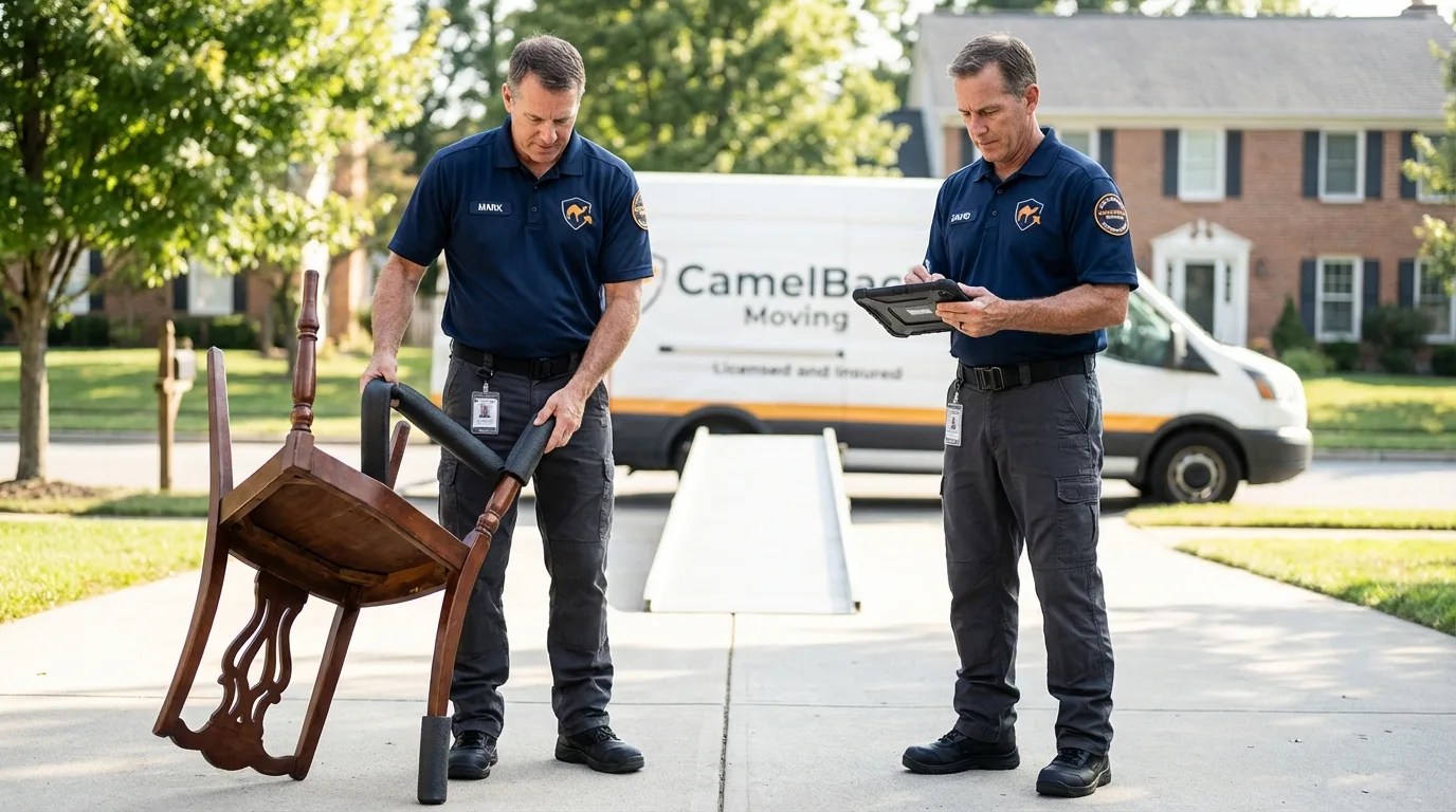 Movers inspecting furniture for damage prevention before loading in Cape Charles, VA