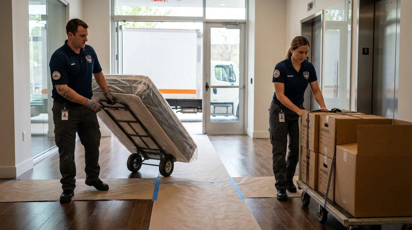 Professional apartment movers loading elevator in Cape Charles, VA